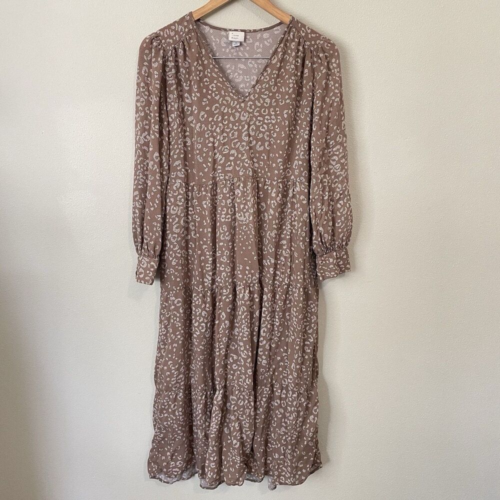 A New Day Brown Leopard Tiered Midi Dress Womens S Cottagecore Prairie Boho